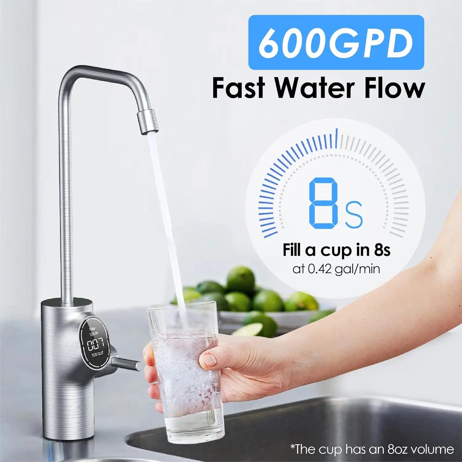 Sistema de Osmosis Inversa Waterdrop con 600GPD, llenado rápido de agua en 8 segundos.