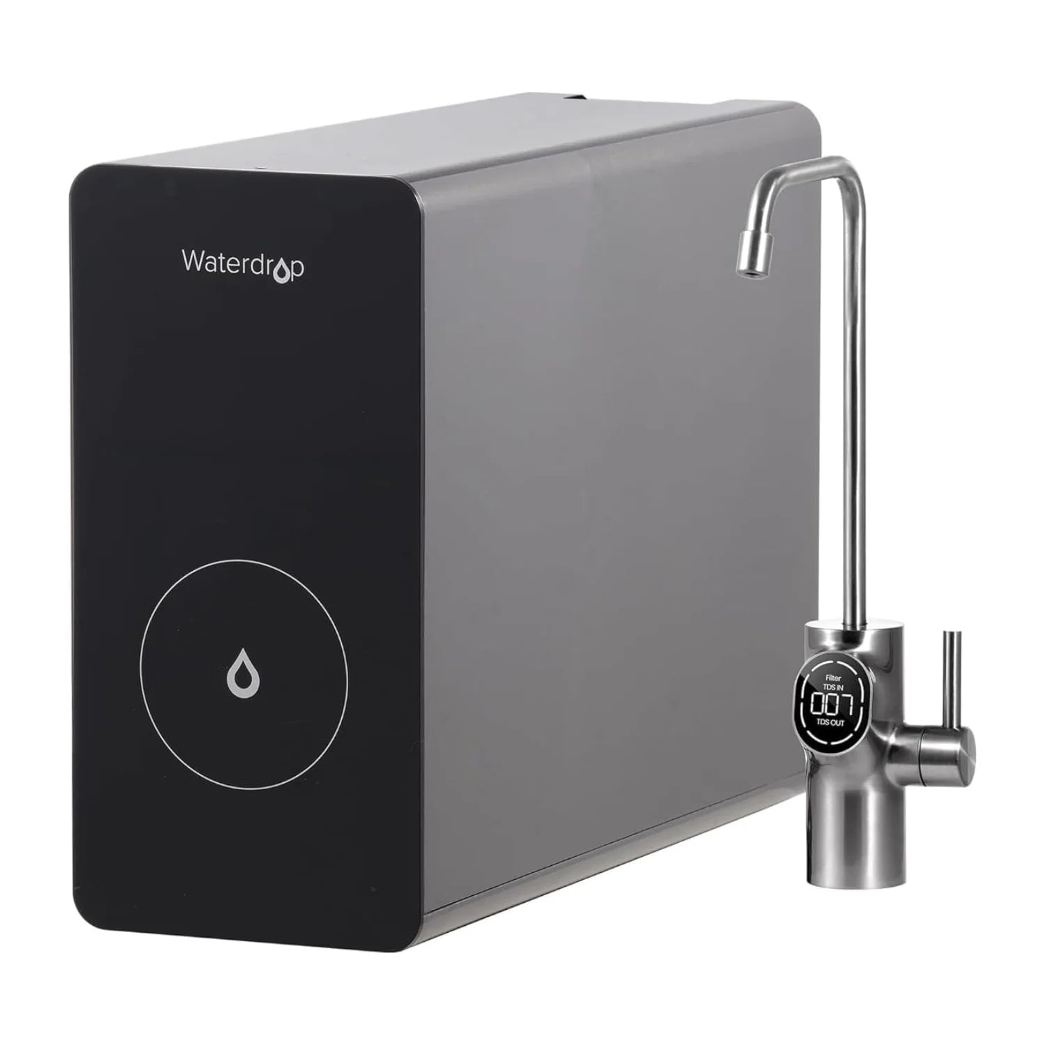 Sistema de Osmosis Inversa Waterdrop en color negro con grifo de acero inoxidable para filtración de agua.