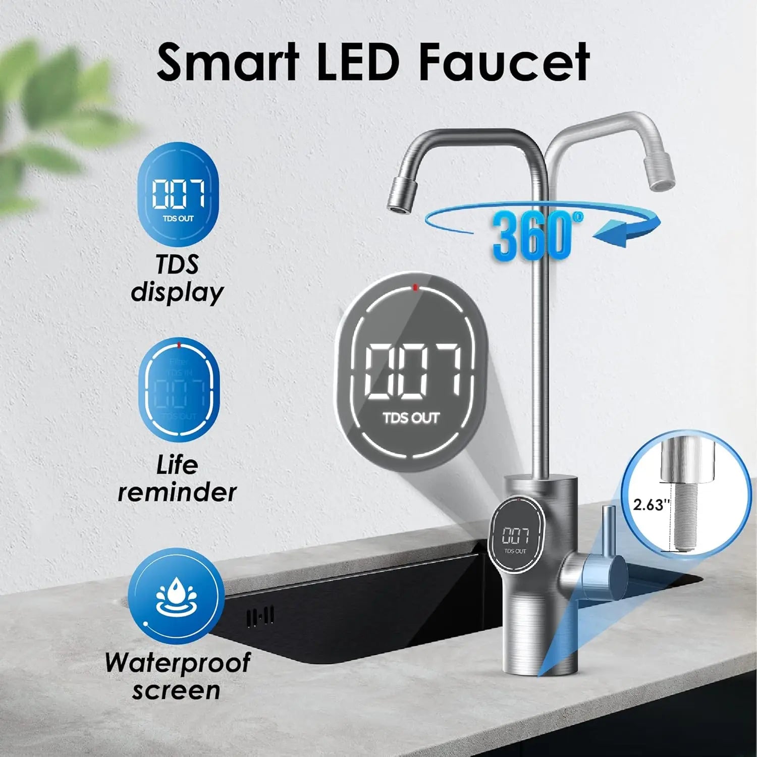Sistema de Osmosis Inversa Waterdrop Smart LED Faucet with TDS display and waterproof screen.